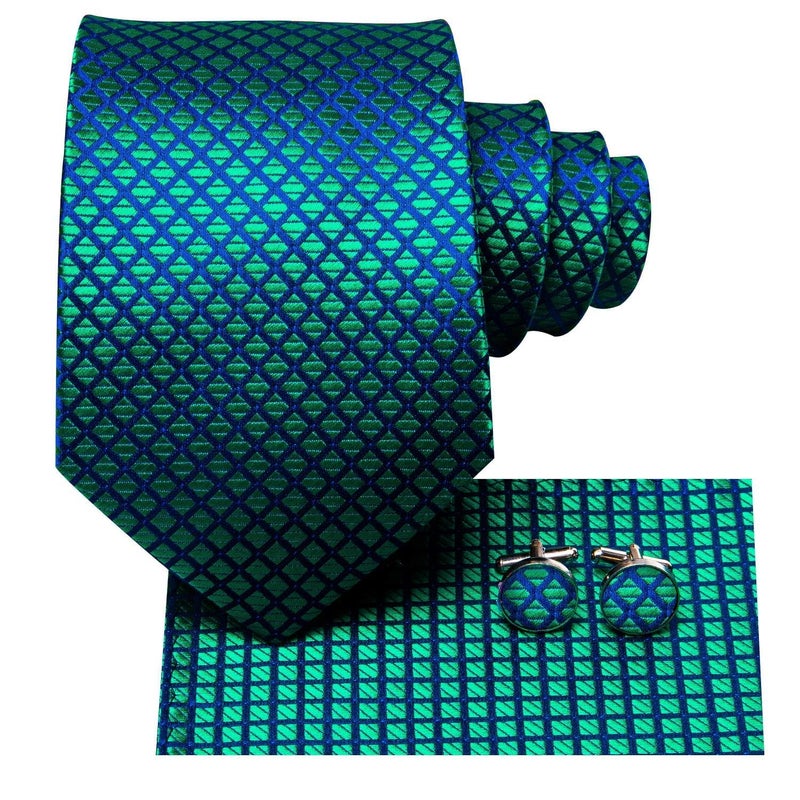 Dubulle Mens Blue Green Plaids Floral Silk Tie for Men Striped Necktie and Pocket Square Cufflinks Set Wedding Business - Image 2